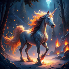 Magical unicorn with fiery mane in enchanted forest, glowing sparks and mystical night atmosphere.