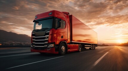 Obraz premium Red truck driving on open highway at sunset with dramatic clouds in the sky and warm light reflecting off the vehicle and surroundings