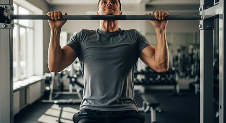 Fototapeta premium Muscular man performing pull - ups in a gym looking determined Building strength and fitness with focused effort Healthy lifestyle