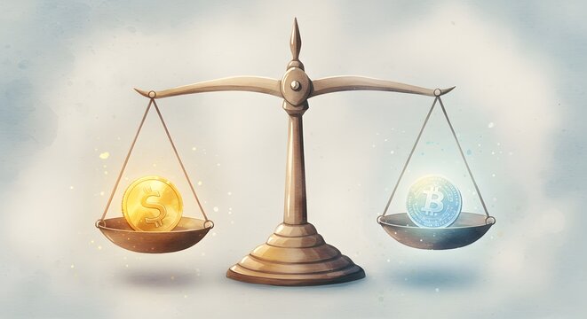 A balance scale weighing a glowing blue digital cryptocurrency coin against traditional gold money coins, showing a shift in financial value