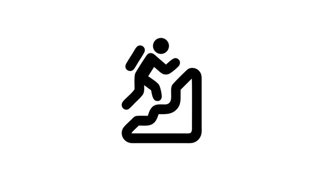 Black line icon of a person with a backpack climbing a mountain or hill, symbolizing progress, challenge, adventure, and success.
