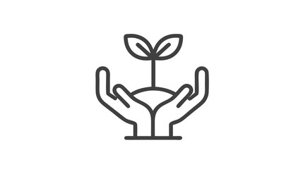 Outline hands holding a young sprout icon. Concept of plant growth, environmental care, sustainability, and new life.