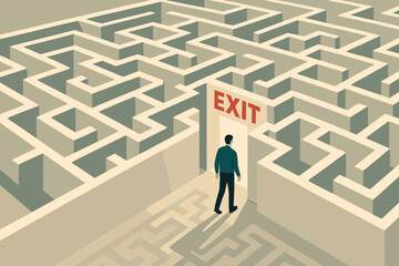 Minimalist conceptual illustration symbolizing discovery of a way out, solution, or enlightenment. A person walking toward a glowing door or light represents freedom, awareness, problem-solving