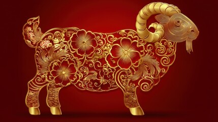 Elegant golden ram design with intricate floral patterns on a vibrant red background symbolizing prosperity and celebration of the Lunar New Year festival