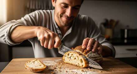 Man slicing crusty loaf with serrated knife Fresh bread on cutting board Kitchen setting home cooking culinary experience