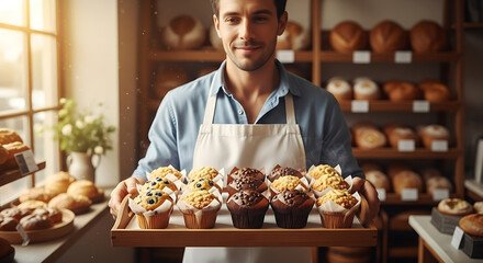 Smiling baker presenting a tray of freshly baked muffins in his bakery offering a delightful treat to customers with baked goodness