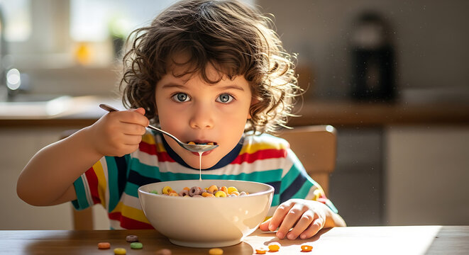 A young boy with curly hair eating a spoonful of cereal with milk from a white bowl enjoying his breakfast at a wooden table - Powered by Adobe
