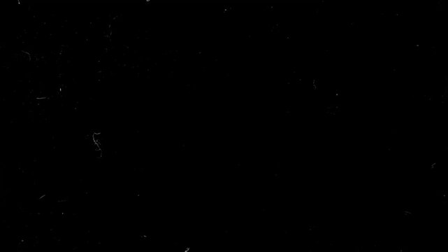 Vintage film effect with authentic-looking dust particles and subtle scratches on an isolated black background. Seamless loop for creating a retro or damaged film look. Use as an overlay