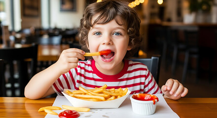 A young child with curly hair eating French fries with ketchup dressed in a red and white striped shirt sitting at a table