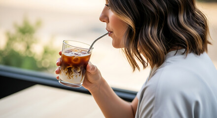 Woman enjoying iced coffee with straw Delicious cold brew refreshment A tasty caffeine boost to start the day Chilled indulgence