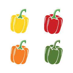 Four colorful bell peppers yellow red orange green isolated on white capsicum vegetable