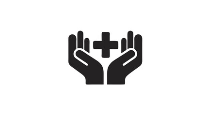 Healthcare support icon with cupped hands holding a medical cross, symbolizing care, aid, and wellbeing. Medical assistance concept.