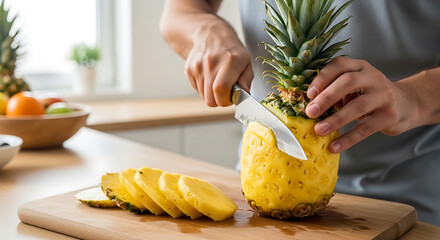 A person slicing a ripe pineapple with a knife on a wooden cutting board showing vibrant yellow fruit and green leaves