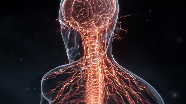 Human nervous system brain and spinal cord medical animation on black 4k uhd video