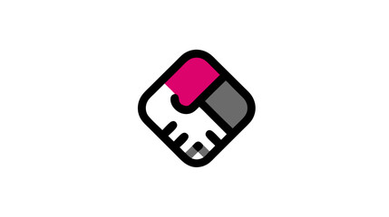 Abstract rhombus icon of a modern handshake, symbolizing partnership, agreement, and collaboration with a magenta accent
