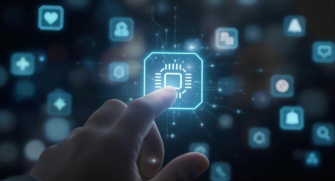 A hand interacting with a glowing blue microchip icon surrounded by various digital application symbols, representing technology and connectivity. - Powered by Adobe