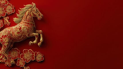 Elegant Red Background with Decorative Golden Horse and Floral Pattern for Lunar New Year Celebrations and Traditional Festive Themes