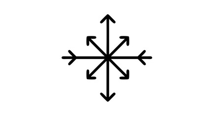 Eight-directional arrow graphic icon symbolizing movement, spread, expansion, and navigation. Black vector symbol on a white background.