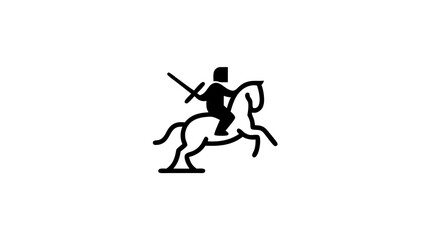 Minimalist black line art icon of a medieval knight on a rearing horse with a sword, emblem of strength, victory, and history.