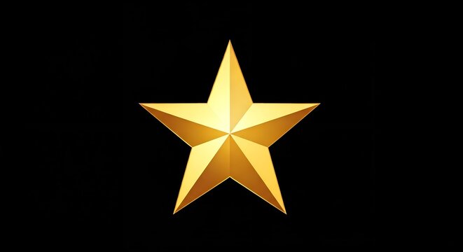 A shiny, three-dimensional golden five-pointed star isolated on a solid black background.