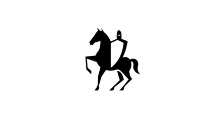 Stylized black silhouette of a medieval knight on a rearing horse with a shield, symbolizing strength, courage, and chivalry on white background.
