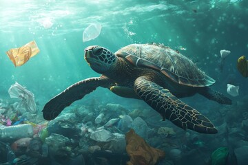 Obraz premium Sea turtle swimming in blue ocean water, surrounded by plastic bottles, bags, and other pollution. Demonstrating marine environmental damage