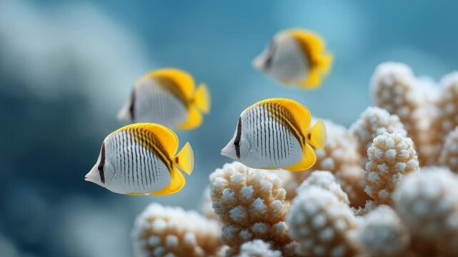 Elegant threadfin butterflyfish gracefully navigate the vibrant coral reef, their yellow and white bodies shimmering in the crystal clear blue water, creating a captivating underwater ballet