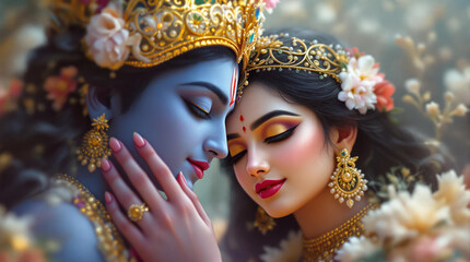 Krishna and Radha share a tender loving moment of devotion glowing skin and soft focus floral