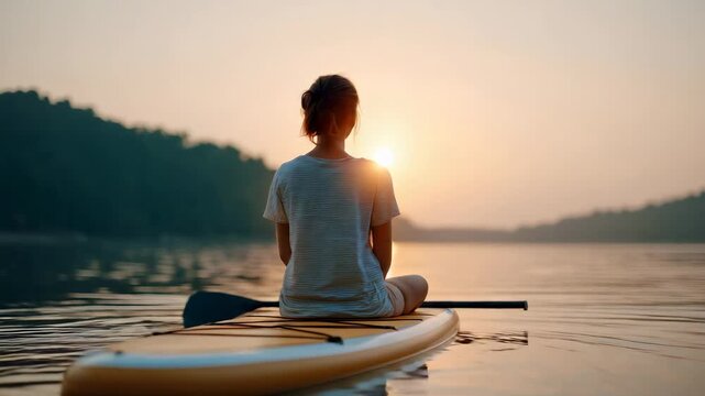 Young woman enjoys a moment of peace, meditating on a paddle board as the sun sets over a tranquil lake, surrounded by the beauty of nature