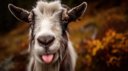 Obraz premium Close-Up of a Playful Goat Sticking Out Its Tongue Surrounded by Colorful Autumn Foliage in a Natural Setting