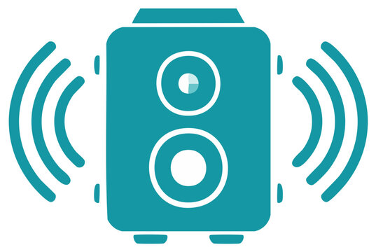 Sound waves eminating from a teal audio loudspeaker illustration, digital audio equipment with volume and speaker, media sound speaker icon