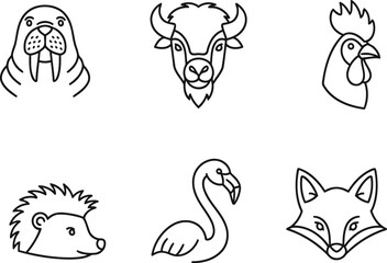 Exotic Wildlife Heads Line Art Vector Icons - Simple Outline Set