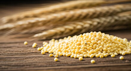 A close-up shot of a pile of millet grains with wheat stalks in the background on a wooden surface.