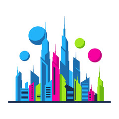 Obraz premium Colorful Cityscape Illustration with Modern Buildings and Abstract Elements.