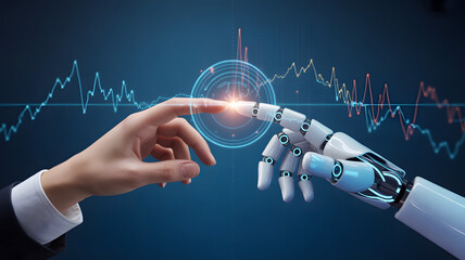 Human and robot hands touching over financial graph display