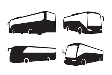 Set of modern tour bus silhouettes in black. Collection of contemporary coach bus icons perfect for travel, transport, or vehicle design concepts.