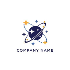 Cosmic Planet Logo Design with Stars and Orbiting Rings for Space Exploration.