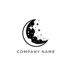 Crescent Moon with Stars and Clouds Logo Design for Nighttime Brand.