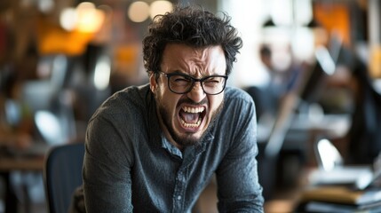 Fototapeta premium Man in glasses screaming with clenched fists during frustration.