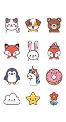 Cute Cartoon Animal and Object Collection - Cat, Dog, Bear, Fox, Rabbit, Penguin, Unicorn, Donut, Cloud, Star, Flower.