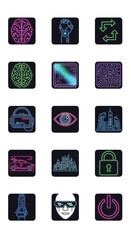 Cyberpunk Tech Icons Set - Brain, Hand, Exchange, Eye, Cityscape, Lock.