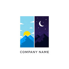 Day and Night Mountain Landscape Logo with Sun, Moon, and Stars.