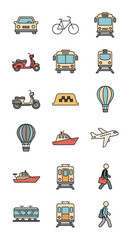 Diverse Transportation Icons - Car, Bike, Scooter, Bus, Train, Taxi, Balloon, Boat, Plane, and Pedestrians.