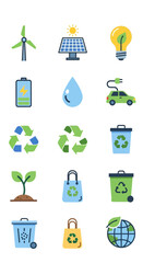 Eco-Friendly Icons - Renewable Energy, Recycling, and Sustainable Living.