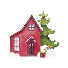 Red house with a snow-covered roof, fir trees, gift boxes and snowdrifts. Watercolor hand drawn illustration. For postcards, greeting card, souvenirs and decor.