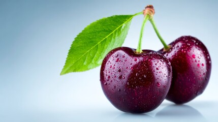 Fresh wet cherries juicy fruit with water droplets delicious ripe cherries vibrant red with refreshing water droplets