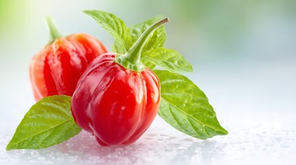 Vibrant red peppers green leaves white background fresh red peppers with green leaves arranged on clean white surface