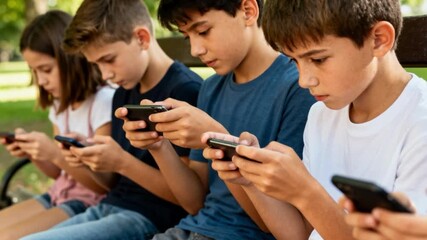 Group of preteen friends absorbed in mobile gaming on a park bench in summer, outdoor screen time and digital entertainment illustrating youth technology use and social bonding - Powered by Adobe
