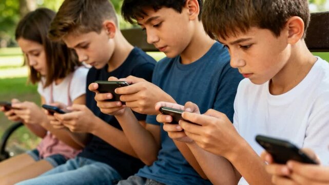 Group of preteen friends absorbed in mobile gaming on a park bench in summer, outdoor screen time and digital entertainment illustrating youth technology use and social bonding