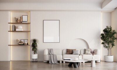 Modern Minimalist Living Room Interior with Sofa and Blank Frame Mockup